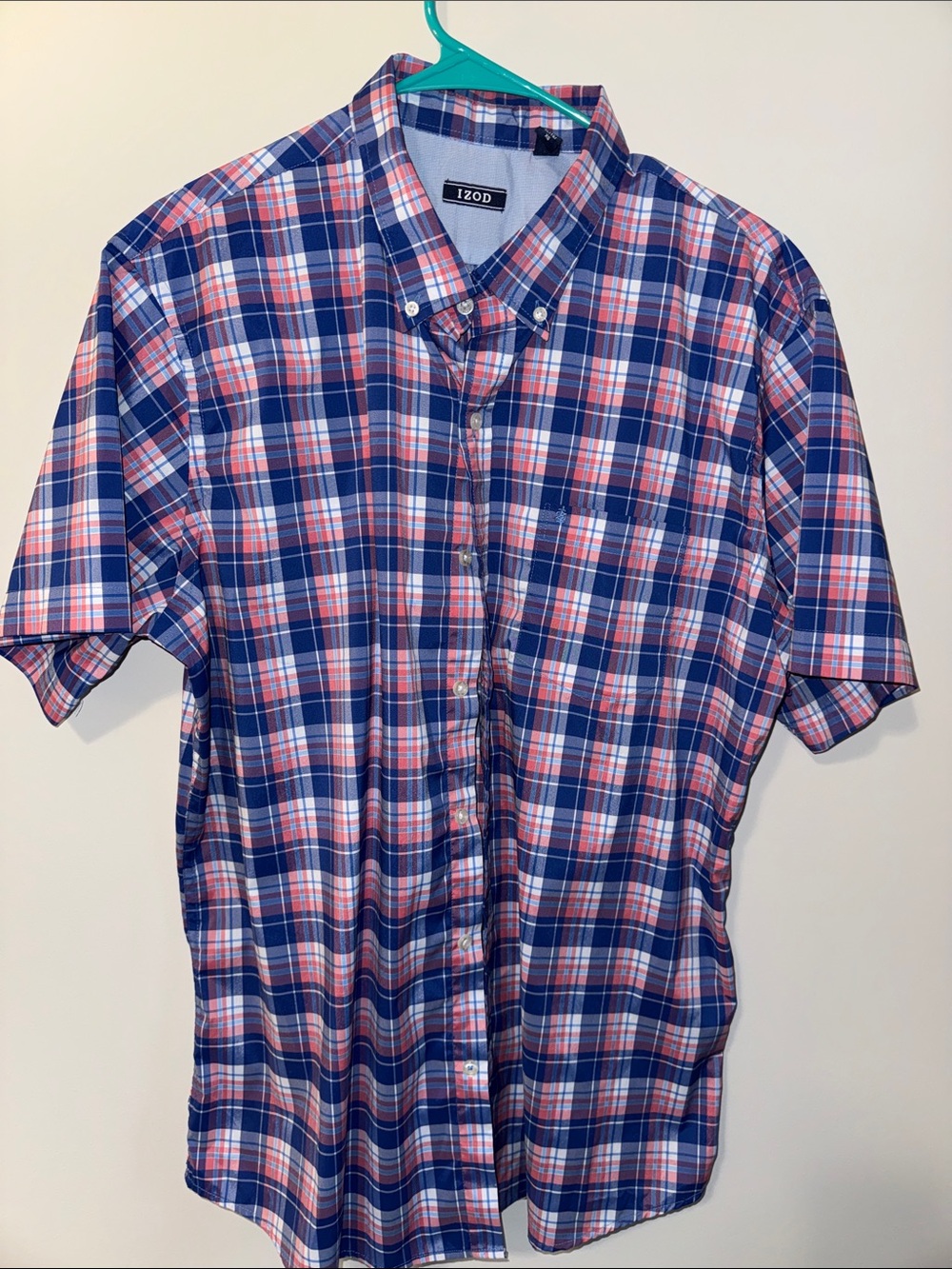 Izod Short-Sleeve Plaid Button-Down Shirt in Blue and Pink